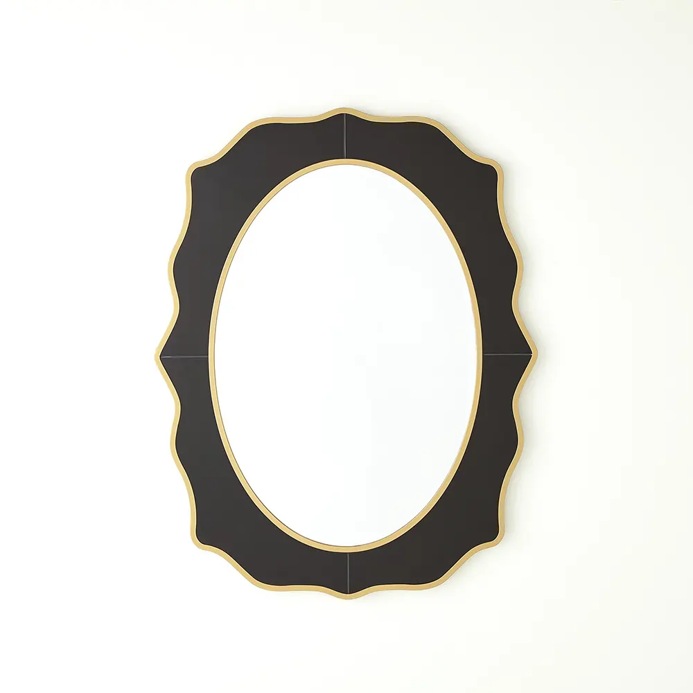 Owalne fazowane lustro z czarną szklaną ramą (Gold)